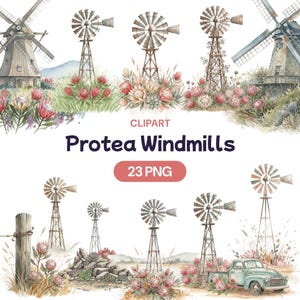 Puede incluir: Ilustración de acuarela de molinos de viento protea, flores y una camioneta vintage. La imagen incluye el texto "CLPART" y "Protea Windmills" con "23 PNG" en un óvalo rojo. Los molinos de viento son de estilo rústico.