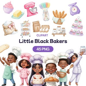 May include: A digital illustration with baking-related items and cartoon children in baker outfits. The image includes a pink stand mixer, cupcakes, bread, and the text "Little Black Bakers" and "45 PNG".