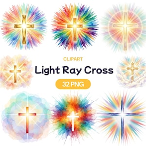 Watercolor Light Ray Cross Clipart, Vibrant Sunburst PNG, Christian Easter Art (32 PNG)