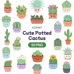 Söt krukväxtkaktus Clipart, Kawaii Suckulent PNG, Leende växtgrafik, Ökenflorakonst, Söt Botanisk Dekor