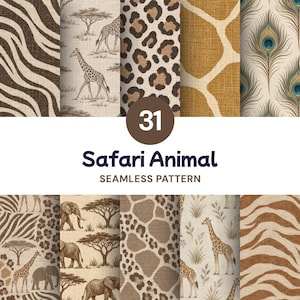 May include: A collection of 31 seamless patterns featuring safari animal themes, including zebra stripes, leopard spots, giraffe prints, elephant illustrations, and peacock feathers, with the text 31 Safari Animal SEAMLESS PATTERN.