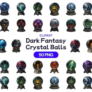 May include: A collection of 50 digital clipart images featuring dark fantasy crystal balls on ornate stands. Each sphere contains detailed scenes including castles, forests, ruins, and glowing magical elements in various colors like blue, red, green, and purple.