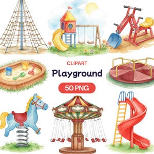 Puede incluir: Ilustración en acuarela de equipos de juegos infantiles, que incluyen una red de escalada, un tobogán, columpios, un arenero con juguetes, un balancín, un tiovivo, un caballo de muelles y un carrusel. También se incluye el texto "CLIPART Playground 50 PNG".