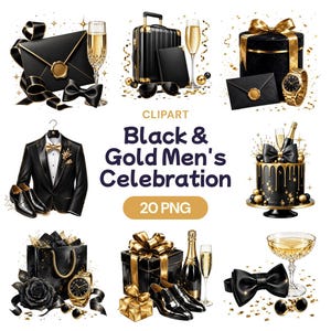 Schwarz und Gold Herren Feier Clipart, Luxus Anzug, Champagner, Geschenke (20 PNG)