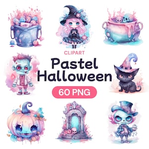 Pastel Halloween Clipart PNG, lot aquarelle Pastelloween mignon, ensemble de fichiers numériques transparents Kawaii, licence d'utilisation commerciale, art citrouille