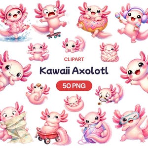 May include: A collection of pink cartoon axolotl illustrations in various poses. Some axolotls are wearing headphones, holding maracas, and skateboarding. The text "Kawaii Axolotl" and "50 PNG" are also present.