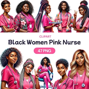 Zwarte vrouwen verpleegkundige clipart, roze aquarel Afro-Amerikaanse medisch professioneel meisje png, arts-medewerker in de gezondheidszorg, licentie commercieel gebruik