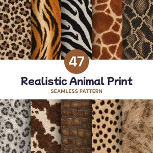 Può includere: Una collezione digitale di 47 motivi animali realistici senza cuciture che presentano varie texture tra cui macchie di leopardo, strisce di tigre, strisce di zebra, macchie di giraffa, pelle di serpente, pelle di mucca, squame di coccodrillo e macchie di ghepardo.