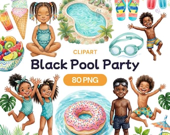 Black Pool Party Clipart, African American Kids PNG, Watercolor Summer Swimming Graphic, Beach Vacation Art, Diverse Child Illustration