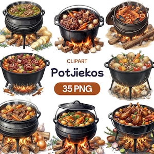 May include: A series of illustrations showcasing black cast iron pots, each containing different cooked dishes such as meats, vegetables, and seafood. The pots are positioned over open fires, with flames and logs. The text "Potjiekos" and "35 PNG" are also visible.
