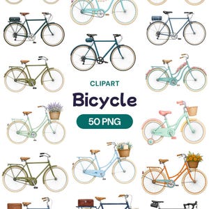 May include: A collection of various bicycle illustrations featuring different frame styles, colors, and accessories like baskets with flowers, rear racks, and storage bags. The image includes the text CLIPART Bicycle 50 PNG in the center.