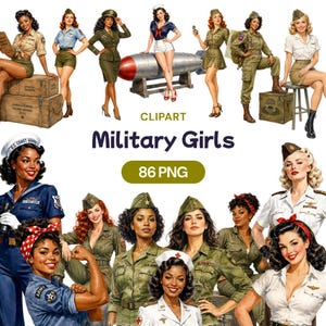 May include: A collection of digital illustrations featuring various women in vintage-style military uniforms and attire, including flight suits, skirts, and caps, posed with equipment like wooden crates, a large bomb, and a stool, labeled Military Girls.