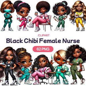 Enfermera negra chibi, niña profesional médica afroamericana en acuarela PNG, trabajadora médica, licencia de uso comercial