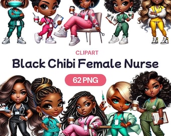 May include: Clipart set of 10 Black chibi female nurses in various poses and outfits. The nurses are wearing scrubs, lab coats, and other medical attire. Some are holding medical supplies, such as a syringe, clipboard, and stethoscope.