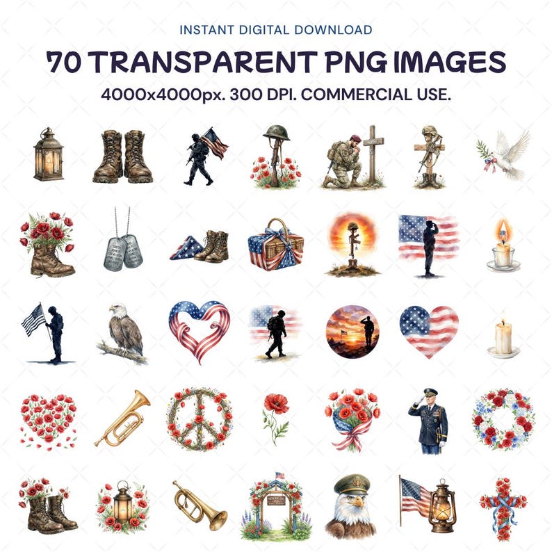 Memorial Day Clipart, Watercolor Veteran PNG, Patriotic Military ...