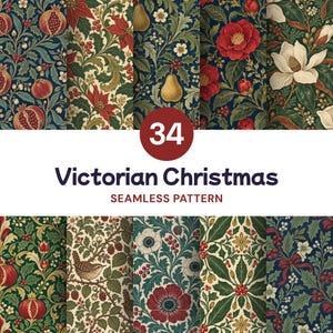 Op de afbeelding: Een collectie van 34 naadloze Victorian Christmas patronen met botanische illustraties van granaatappels, peren, rode kerststerren, camelia's, magnolia's, hulst, bessen en vogels op donkerblauwe, crèmekleurige en groene achtergronden met tekst.