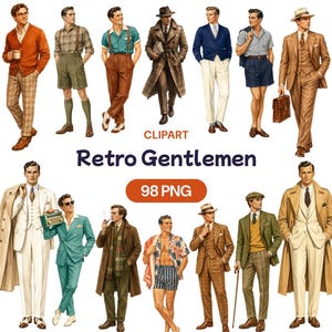 May include: A digital illustration featuring a collection of retro gentlemen in various outfits. The image includes men in suits, coats, and casual wear, with the text "Retro Gentlemen" and "98 PNG".