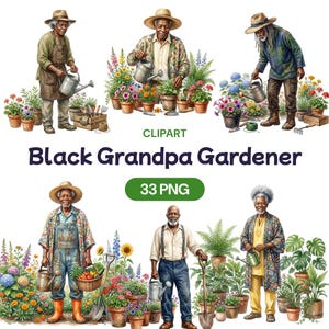 Clipart de avô jardineiro negro, PNG de idoso afro-americano, gráfico de botânica de homem idoso, arte floral para amadores maduros, amante de plantas idoso
