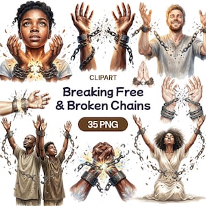 Puede incluir: Un conjunto de imágenes prediseñadas digitales titulado "Breaking Free & Broken Chains" con ilustraciones de personas con cadenas rotas alrededor de sus muñecas. Las imágenes representan temas de liberación y superación de obstáculos. El conjunto incluye 35 archivos PNG.