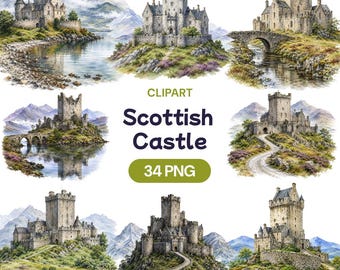 Scottish Castle Clipart Bundle, Watercolor Highlands PNG Graphics
