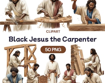 Black Jesus the Carpenter Clipart, 50 PNG, African American Christ Woodworking, Christian Faith Graphic, Biblical Art, Church Bulletin