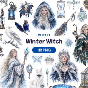 Ensemble d'images clipart de sorcière nordique d'hiver, art fantastique du royaume enneigé, sorcière viking (118 PNG)