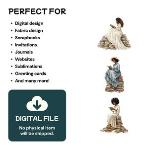 Puede incluir: Fondo blanco con el texto "PERFECTO PARA" y una lista de usos, incluyendo dise&ntilde;o digital y tarjetas de felicitaci&oacute;n. Un cuadrado verde oscuro con un icono de nube y flecha y las palabras "ARCHIVO DIGITAL" y "No se enviar&aacute; ning&uacute;n art&iacute;culo f&iacute;sico". Tres ilustraciones de mujeres leyendo sobre pilas de libros.