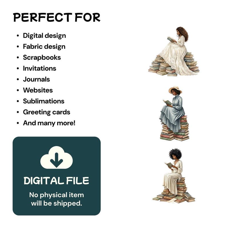 Puede incluir: Fondo blanco con el texto "PERFECTO PARA" y una lista de usos, incluyendo dise&ntilde;o digital y tarjetas de felicitaci&oacute;n. Un cuadrado verde oscuro con un icono de nube y flecha y las palabras "ARCHIVO DIGITAL" y "No se enviar&aacute; ning&uacute;n art&iacute;culo f&iacute;sico". Tres ilustraciones de mujeres leyendo sobre pilas de libros.