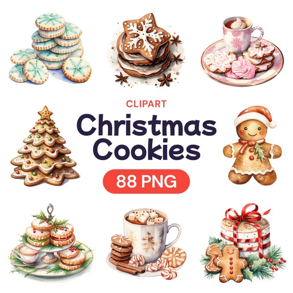 Christmas Cookies Clipart, Cute Watercolor Xmas Gingerbread Man PNG Bundle, Fun Festive Winter Frosted Sugar Biscuit, Commercial Use License