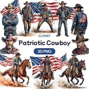 May include: A digital clipart collection featuring patriotic cowboys. The images showcase cowboys with American flags, riding horses, and using ropes. The text "Patriotic Cowboy" and "30 PNG" are included.