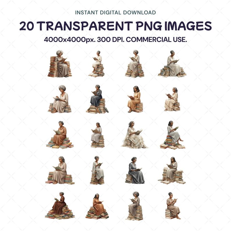 May include: A digital download with 20 transparent PNG images. Each image shows a person reading while seated on a pile of books. The images are 4000x4000px at 300 DPI, for commercial use. The text "INSTANT DIGITAL DOWNLOAD" is at the top of the image.