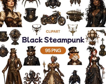 Black Steampunk Clipart, African American Victorian PNG, Mechanical Fantasy Graphic, Sci-Fi Gothic Art, Dark Retro Decor, Inventor