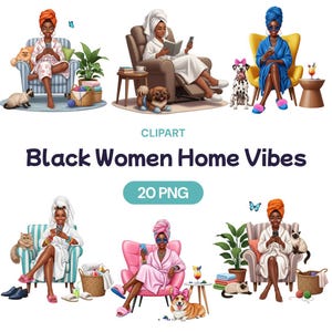 Clipart femmes noires à la maison, aquarelle afro-américaine PNG, femme relaxante avec animal de compagnie, soins personnels sans soucis, licence d'utilisation commerciale jolie journée