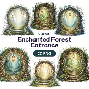 Könnte beinhalten: Digitales Clipart-Set mit sechs Illustrationen von Eingängen zu verwunschenen Wäldern. Jedes Bild zeigt einen Steinpfad, der durch einen natürlichen Torbogen aus verschlungenen Ästen und Blättern führt, mit hängenden Laternen und einem sanften, einladenden Glanz. Der Text "Enchanted Forest Entrance" wird angezeigt.