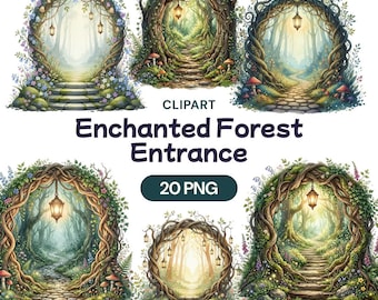 Enchanted Forest Entrance Clipart, Watercolor Magical Arch PNG, Woodland Portal Graphic