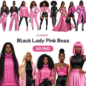 Op de afbeelding: Digitale clipart met illustraties van zwarte vrouwen in diverse roze en zwarte outfits. De afbeelding bevat de tekst "Black Lady Pink Boss" en "60 PNG". De vrouwen worden afgebeeld in stijlvolle kleding, waaronder pakken, jurken en rokken.