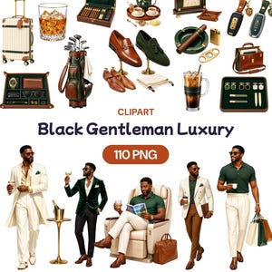 Black Gentleman Clipart, Old Money Luxury Lifestyle Graphics, African American Dapper Men PNG