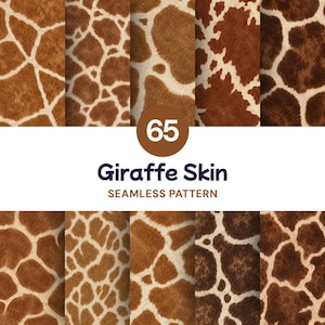 May include: A collection of 65 seamless giraffe skin patterns featuring various brown and tan animal print textures. The image displays ten distinct rectangular swatches of fur-like designs with the text 65 Giraffe Skin SEAMLESS PATTERN.