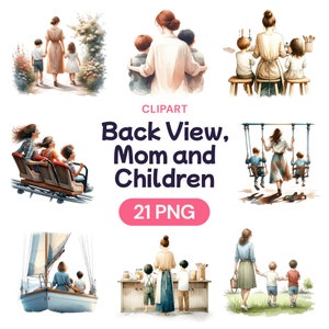 Vista traseira de mamãe e filhos clipart, aquarela fofa dia das mães PNG, pacote digital Mama, vida de mamãe, presente para ela, licença de uso comercial