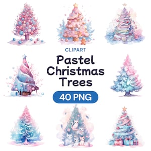 Clipart de árboles de Navidad pastel, lindo paquete PNG de acuarela de invierno, conjunto de archivos digitales transparentes de árboles de Navidad kawaii, licencia de uso comercial