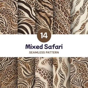 Puede incluir: Una colección de 14 patrones digitales sin costuras con diversos estampados animales, incluyendo manchas de leopardo y rayas de cebra en tonos marrón, negro, beige y crema. El texto 14 Mixed Safari SEAMLESS PATTERN está centrado en el medio.