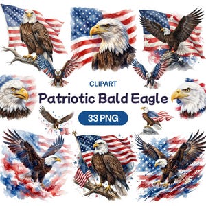 Patriotisk vithövdad örn Clipart, akvarell USA-flagga PNG, amerikansk fågelgrafik, 4 juli-konst, självständighetsdagen-illustration