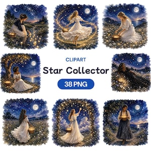 Watercolor Star Collector Clipart, Whimsical Girls PNG, Celestial Fairy Graphics (38 PNG)