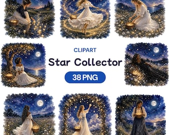 Watercolor Star Collector Clipart, Whimsical Girls PNG, Celestial Fairy Graphics (38 PNG)