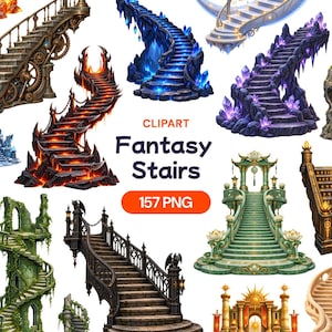 Pode incluir: Uma coleção de cliparts digitais de escadas de fantasia com vários designs, incluindo escadas com engrenagens steampunk, degraus de rocha com lava, escadas de cristal azul brilhante, rochas de cristal roxo, degraus de lótus verde e escadas de pedra gótica.
