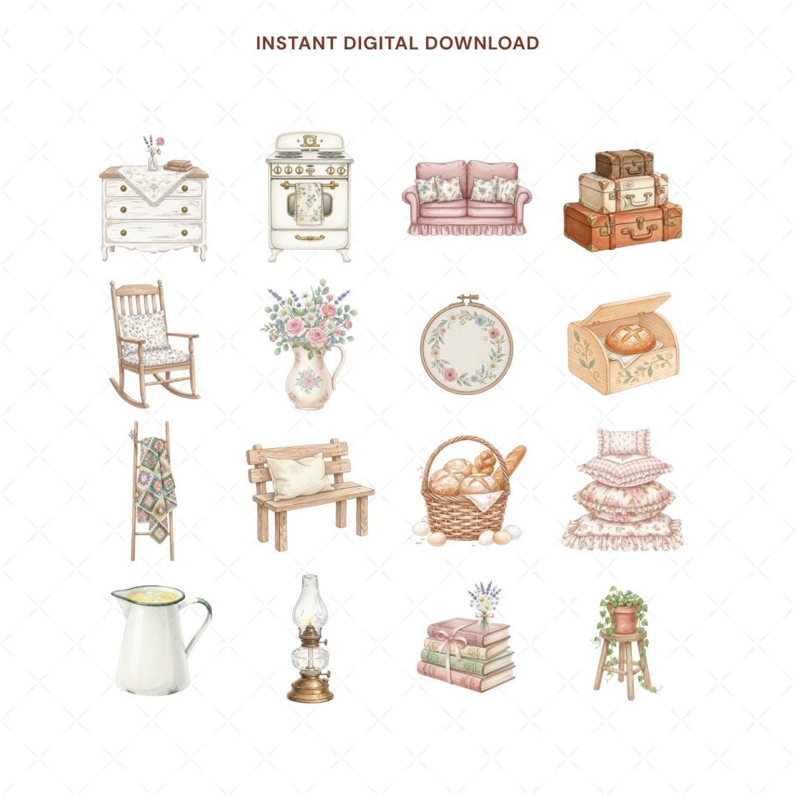 Sweet Home Cottage Clipart, Watercolor Vintage Furniture PNG, Cozy ...