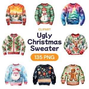 Hässliche Weihnachten Pullover Clipart, Aquarell Weihnachten Sweatshirt Transparent PNG Bundle, Winter Festliche Strickjacke Geschenk, Lizenz für kommerzielle Nutzung