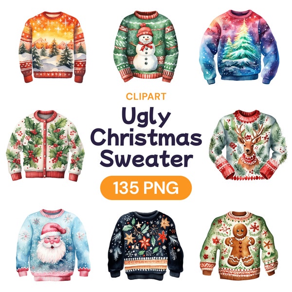 Ugly Christmas Sweater Clipart, Cute Watercolor Xmas Sweatshirt Transparent PNG Bundle, Winter Festive Cardigan Gift, Commercial Use License