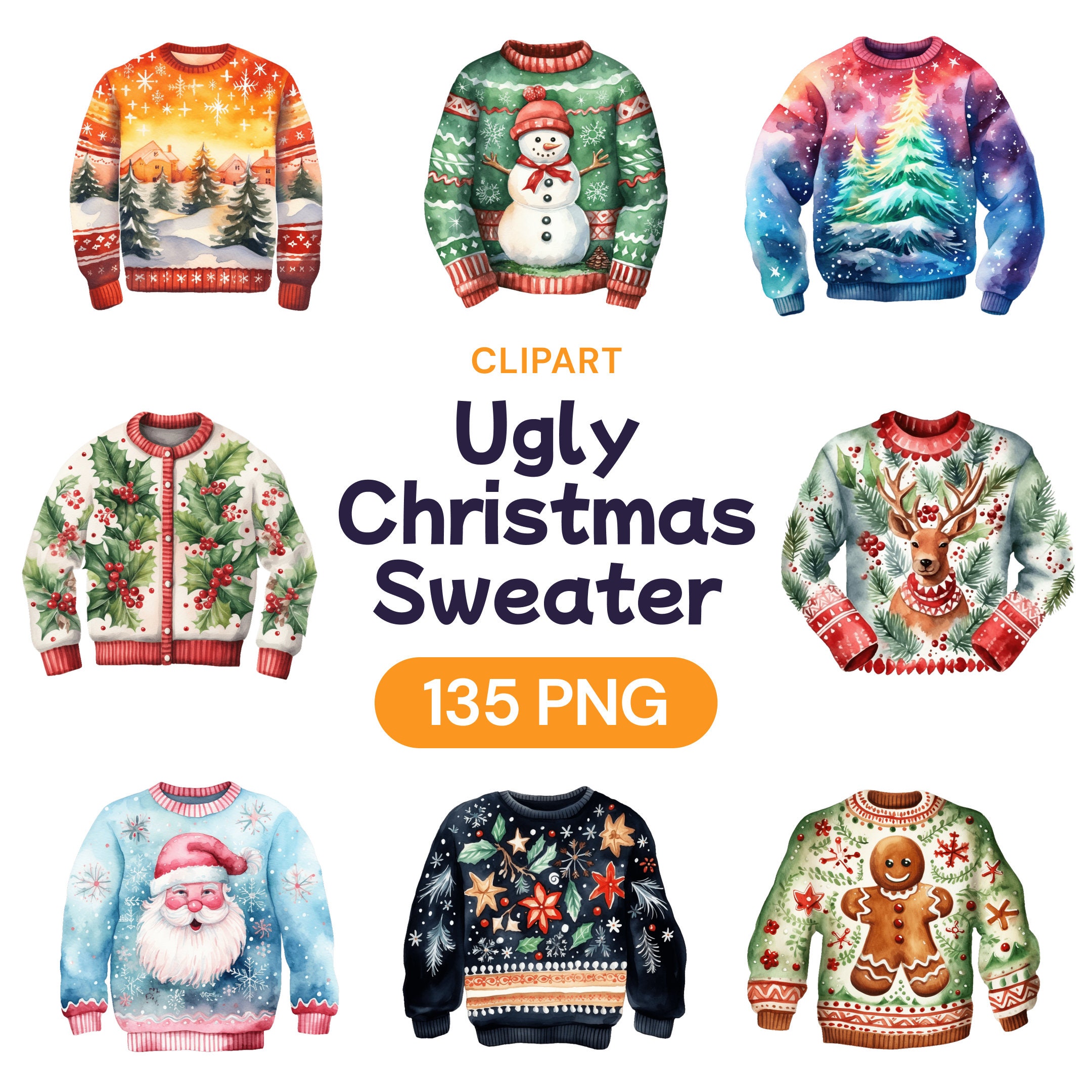 Ugly Christmas Sweater Clipart Cute Watercolor Xmas Sweatshirt Transparent PNG Bundle Winter Festive Cardigan Gift Commercial Use License Etsy