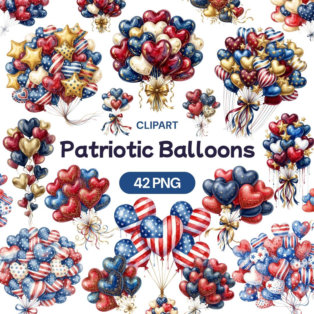 Patriotic Balloon Clipart, Watercolor 4th of July PNG, American Flag ...